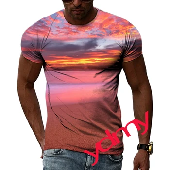 אופנה הקיץ הים דמדומים התמונה חולצות לגברים מזדמן 3D הדפסה Tees היפ הופ אישיות צוואר עגול שרוול קצר חולצות